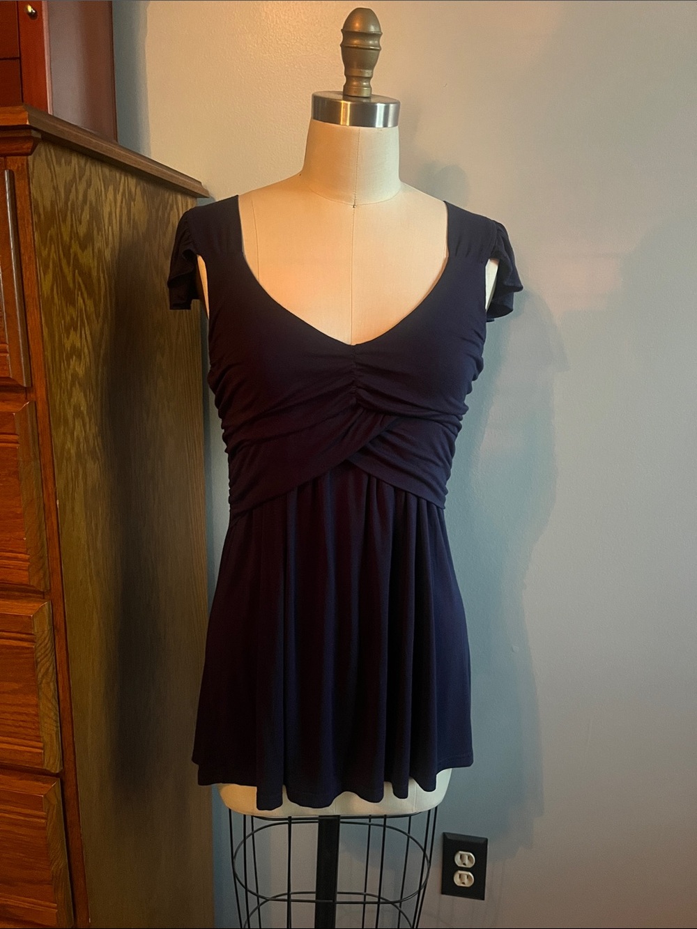 Navy Ruched V-Neck Empire Waist Tunic Top